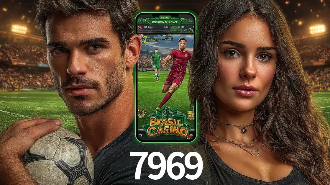 Homem segurando uma bola de futebol e uma mulher ao lado de um smartphone exibindo o jogo de apostas esportivas da 7969. Faça seu palpite no cassino online.